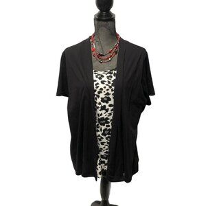 Basic Editions Black Cardigan Animal Print Top Womens Size 1X Two Piece Look